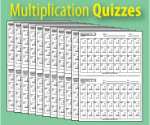 Stack of printed multiplication quizzes.