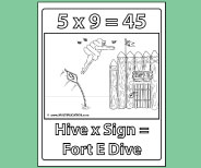 Student coloring page provides valuable memory reinforement for 5x9.