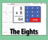 Interactive quiz format checks master for the EIGHTS multiplication facts.