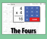 Interactive quiz format checks master for the FOURS multiplication facts.