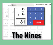 Interactive quiz format checks master for the NINES multiplication facts.