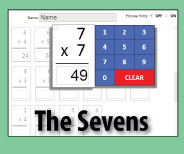 Interactive quiz format checks master for the SEVENS multiplication facts.