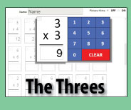 Interactive quiz format checks master for the THREES multiplication facts.